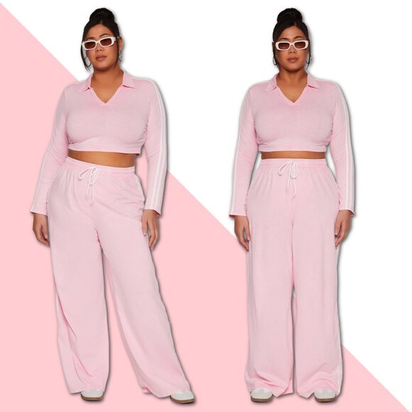 Ultra Comfy Plus Size 3X Loose Fit Sweatpants & Crop Top SET Pink White Stripe - Picture 3 of 8
